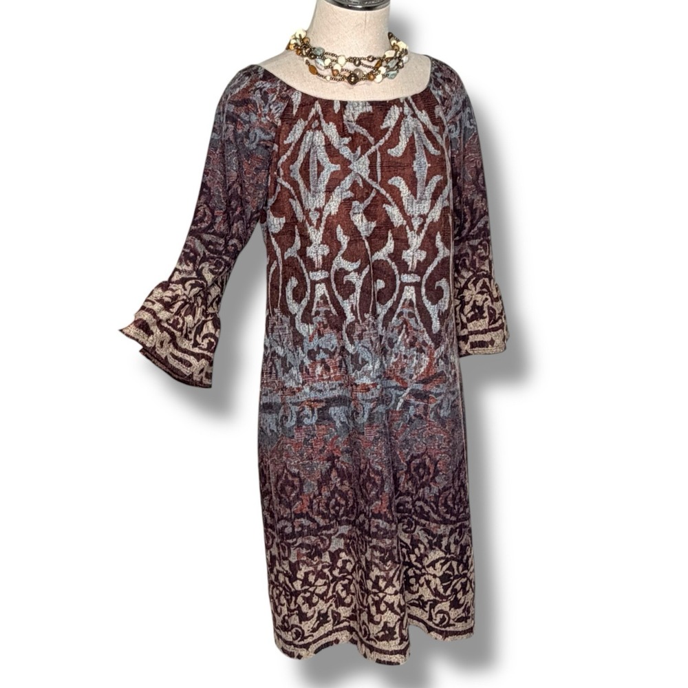Dressbarn Dress Womens 10 Earth Tone Paisley Knit Pullover 3/4 Bell Sleeve Boho‎